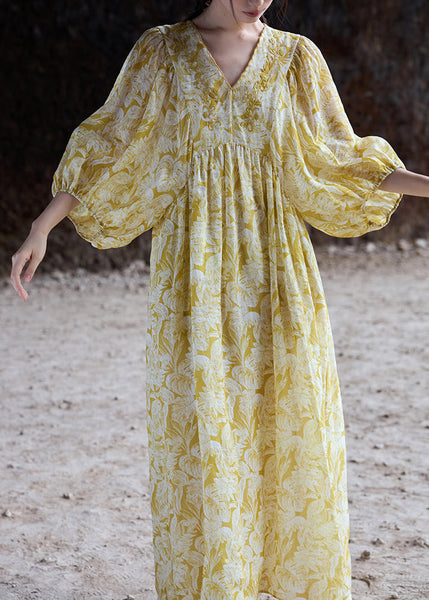 Embroidered V Sleeve Batwing Dresses Elegant Neck Yellow Linen FashionChic