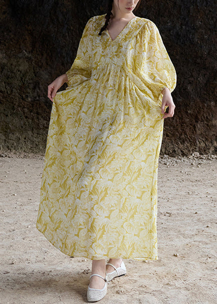 Embroidered V Sleeve Batwing Dresses Elegant Neck Yellow Linen FashionChic