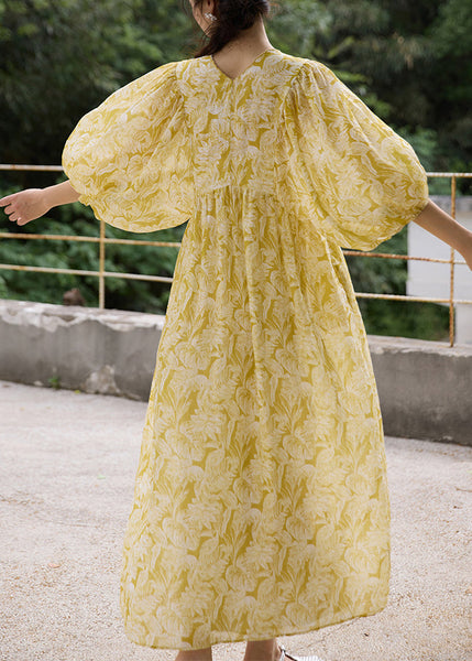 Embroidered V Sleeve Batwing Dresses Elegant Neck Yellow Linen FashionChic