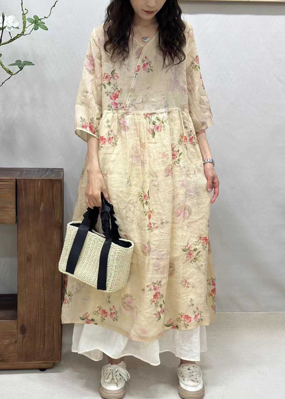 Elegant Yellow V Neck Print Linen Long Dresses Half Sleeve JH024 MMDM-SDL240717