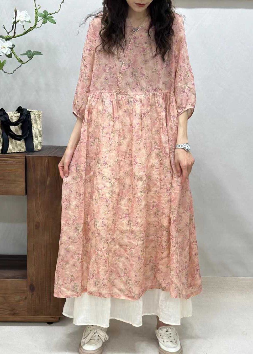 Elegant Yellow V Neck Print Linen Long Dresses Half Sleeve JH024 MMDM-SDL240717