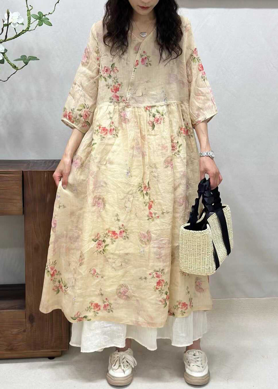 Elegant Yellow V Neck Print Linen Long Dresses Half Sleeve JH024 MMDM-SDL240717