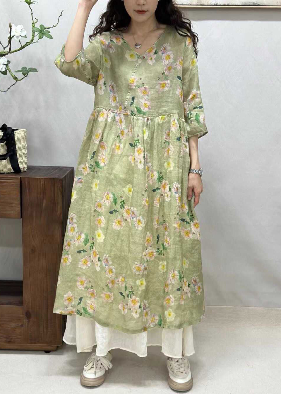 Elegant Yellow V Neck Print Linen Long Dresses Half Sleeve JH024 MMDM-SDL240717