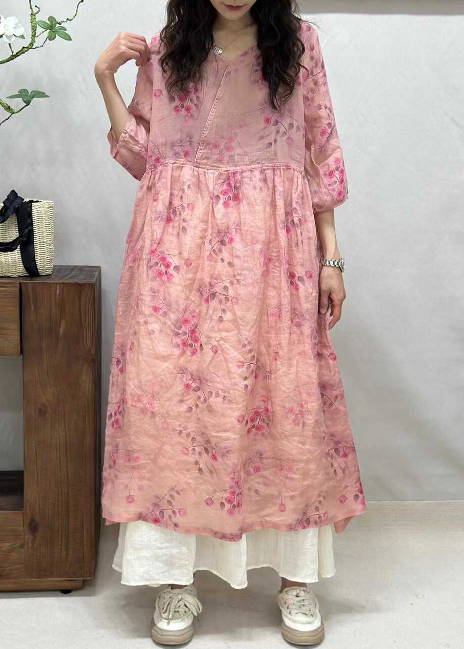 Elegant Yellow V Neck Print Linen Long Dresses Half Sleeve JH024 MMDM-SDL240717