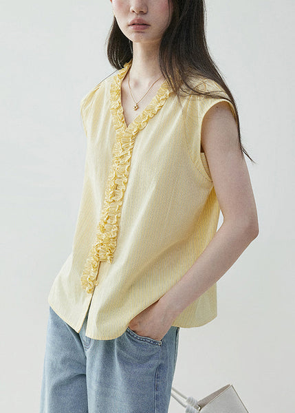 Yellow Summer Elegant Neck Shirt V Ruffled Cotton FashionChic