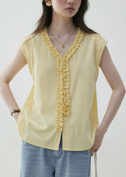 Yellow Summer Elegant Neck Shirt V Ruffled Cotton FashionChic