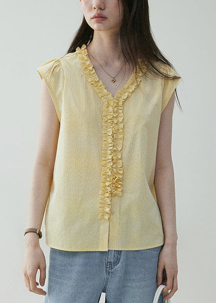 Yellow Summer Elegant Neck Shirt V Ruffled Cotton FashionChic