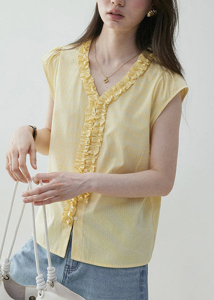 Yellow Summer Elegant Neck Shirt V Ruffled Cotton FashionChic