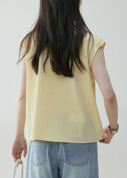 Yellow Summer Elegant Neck Shirt V Ruffled Cotton FashionChic