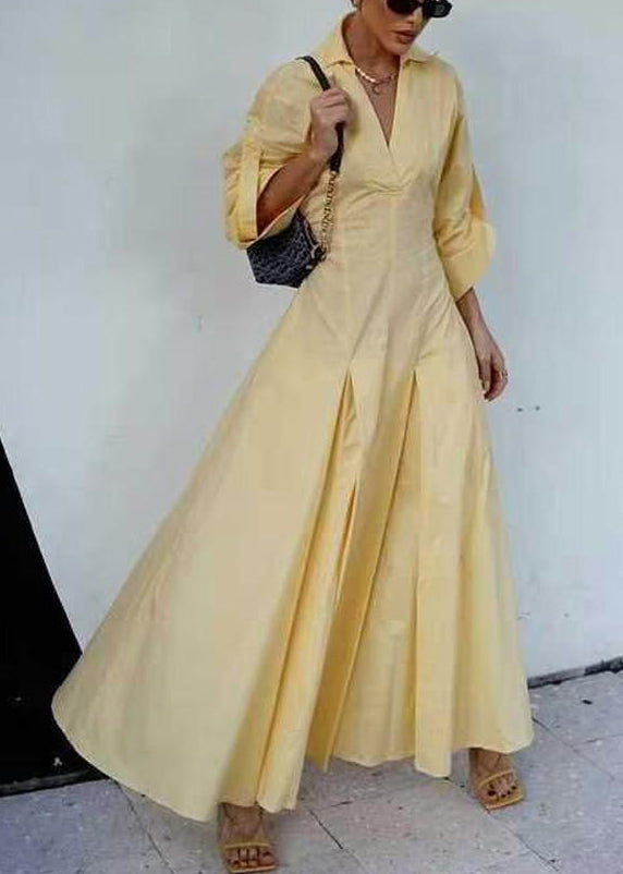 V Yellow Shirts Neck Elegant Zippered Half Dress Cotton Solid FashionChic