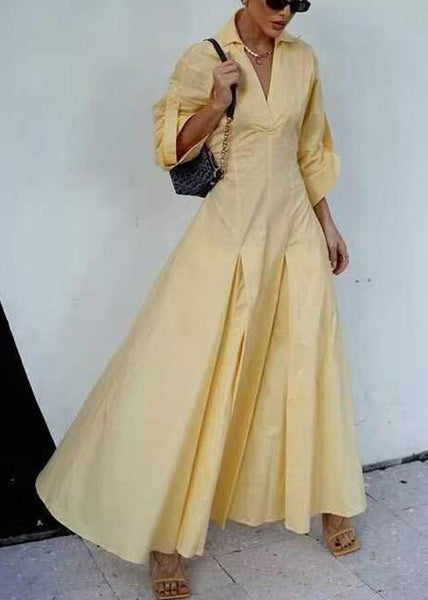 V Yellow Shirts Neck Elegant Zippered Half Dress Cotton Solid FashionChic