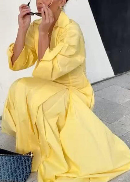 V Yellow Shirts Neck Elegant Zippered Half Dress Cotton Solid FashionChic