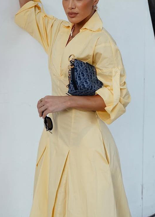 V Yellow Shirts Neck Elegant Zippered Half Dress Cotton Solid FashionChic