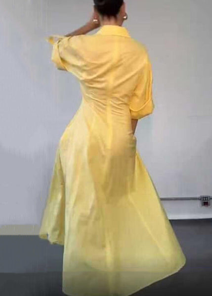 V Yellow Shirts Neck Elegant Zippered Half Dress Cotton Solid FashionChic