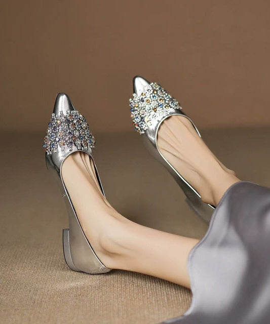Sheepskin Splicing Elegant Silver Toe Pointed Flat Shoes Zircon FashionChic