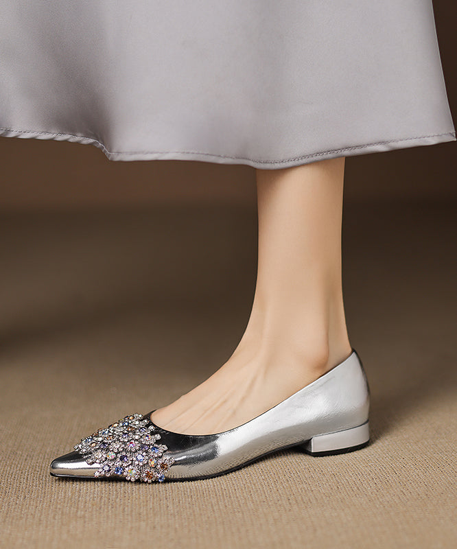 Sheepskin Splicing Elegant Silver Toe Pointed Flat Shoes Zircon FashionChic
