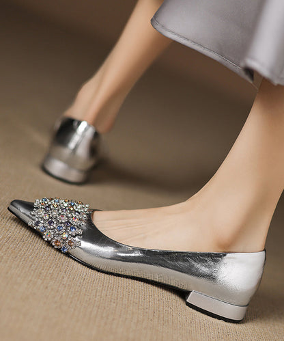 Sheepskin Splicing Elegant Silver Toe Pointed Flat Shoes Zircon FashionChic