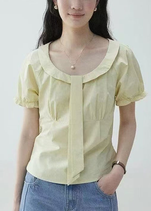 ElegantYellow Sleeve Blouses Wrinkled Zippered Cotton Puff FashionChic