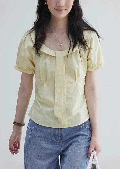 ElegantYellow Sleeve Blouses Wrinkled Zippered Cotton Puff FashionChic