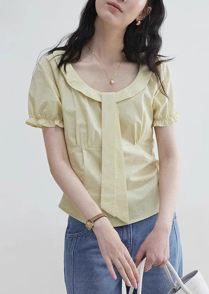 ElegantYellow Sleeve Blouses Wrinkled Zippered Cotton Puff FashionChic