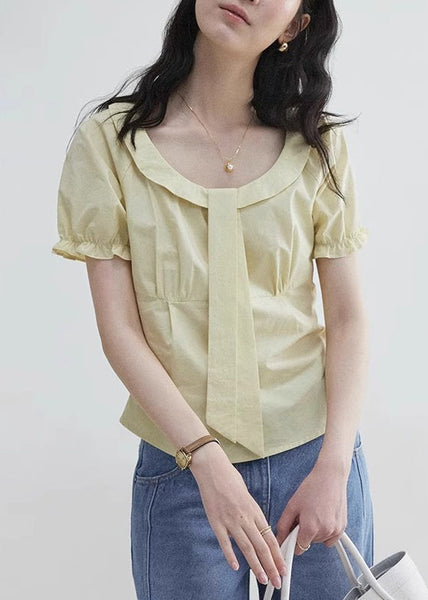 ElegantYellow Sleeve Blouses Wrinkled Zippered Cotton Puff FashionChic