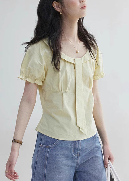 ElegantYellow Sleeve Blouses Wrinkled Zippered Cotton Puff FashionChic