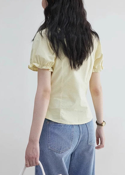 ElegantYellow Sleeve Blouses Wrinkled Zippered Cotton Puff FashionChic