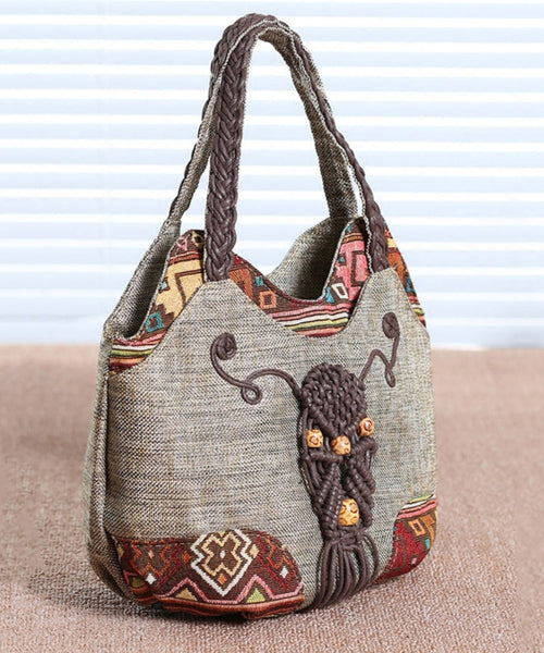 Ethnic Canvas Bag Woven Patchwork Tote Style Grey FashionChic