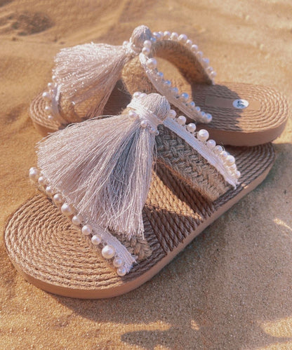 Ethnic Style Tassel Grass Woven Beach Flat Slide Sandals DD1008 Shoe-LT240605