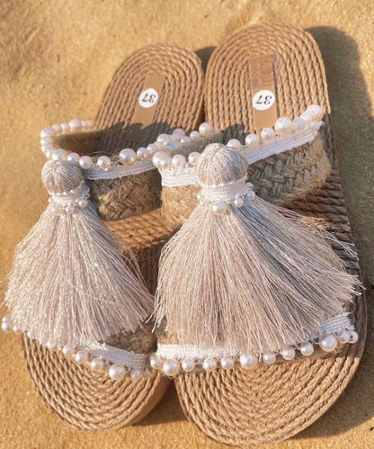 Ethnic Style Tassel Grass Woven Beach Flat Slide Sandals DD1008 Shoe-LT240605