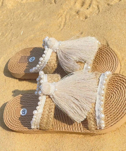 Ethnic Style Tassel Grass Woven Beach Flat Slide Sandals DD1008 Shoe-LT240605