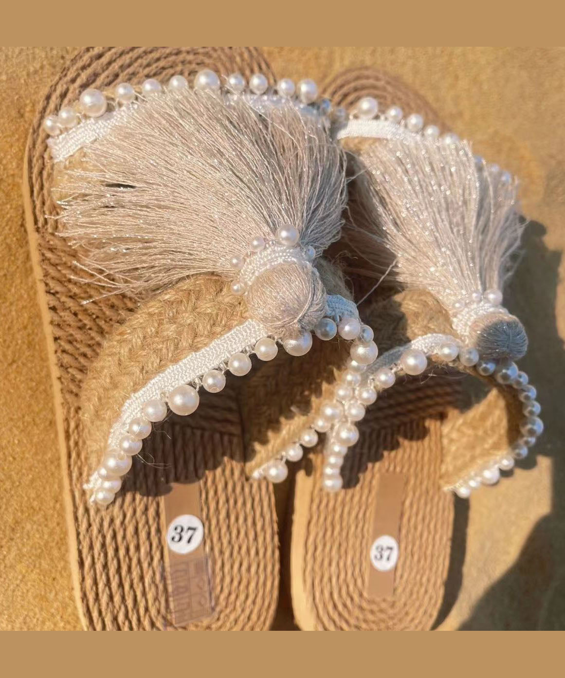 Ethnic Style Tassel Grass Woven Beach Flat Slide Sandals DD1008 Shoe-LT240605