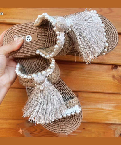 Ethnic Style Tassel Grass Woven Beach Flat Slide Sandals DD1008 Shoe-LT240605