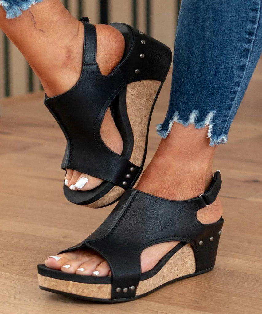 European American Style Black Splicing Wedge Sandals Hollow Out Peep Toe UU011 OM-XZ240821