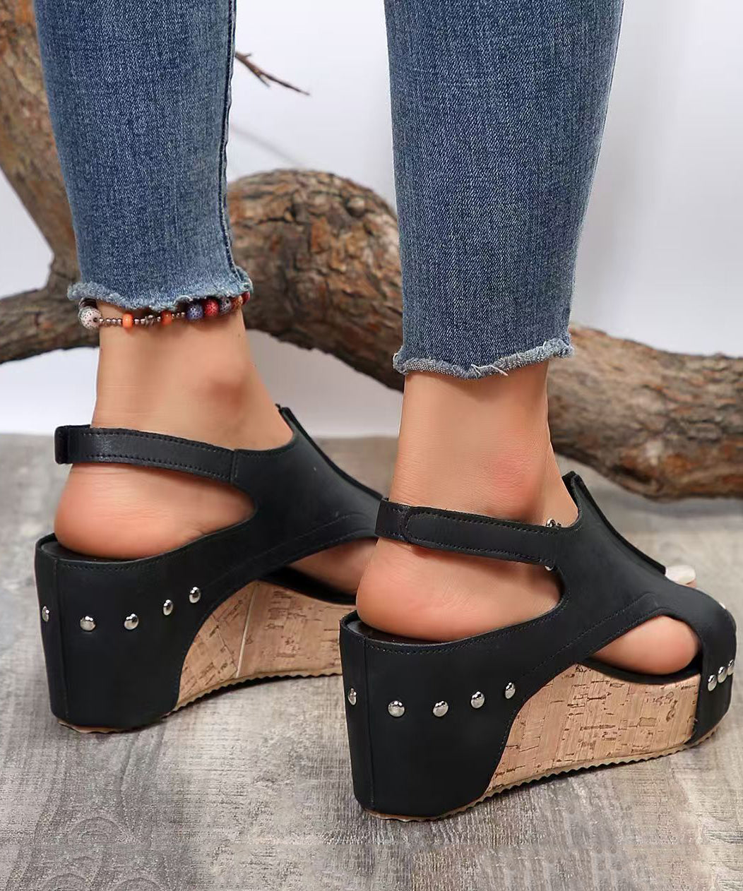 European American Style Black Splicing Wedge Sandals Hollow Out Peep Toe UU011 OM-XZ240821