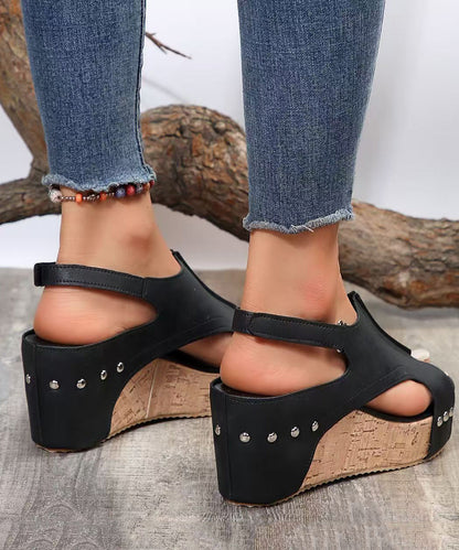 European American Style Black Splicing Wedge Sandals Hollow Out Peep Toe UU011 OM-XZ240821