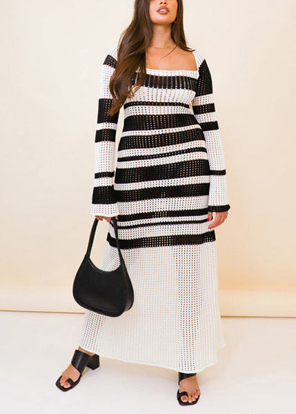 European And American Contrasting Color U-Neck Hollow Out Knit Cover Up VC002 WM-Beach-LYQ240615