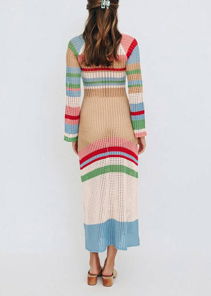 European And American Contrasting Color U-Neck Hollow Out Knit Cover Up VC002 WM-Beach-LYQ240615