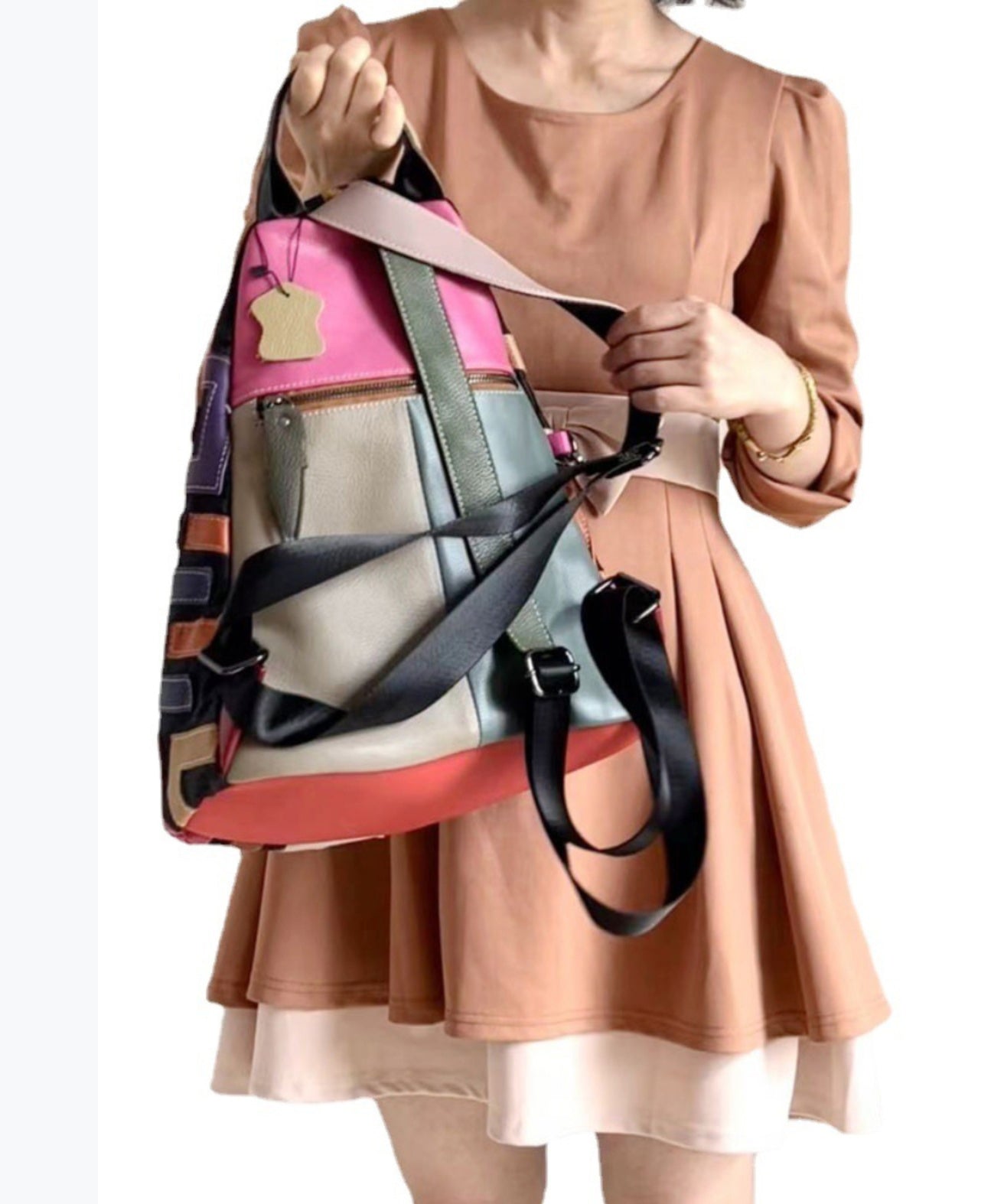 European And American Fashion Colorful Cowhide Patchwork Backpack HJ1045 Ada Fashion