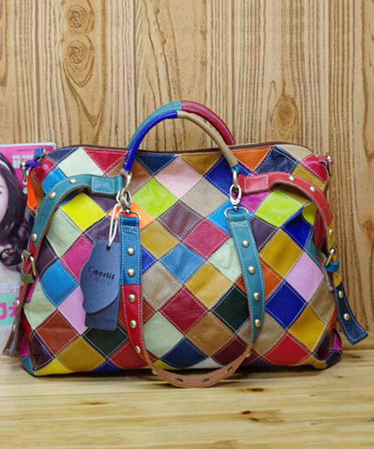 European And American Fashion Contrasting Plaid Patchwork Rivet Handbag HJ1013 Ada Fashion