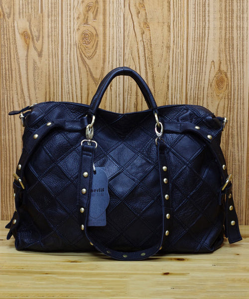European And American Fashion Contrasting Plaid Patchwork Rivet Handbag HJ1013 Ada Fashion