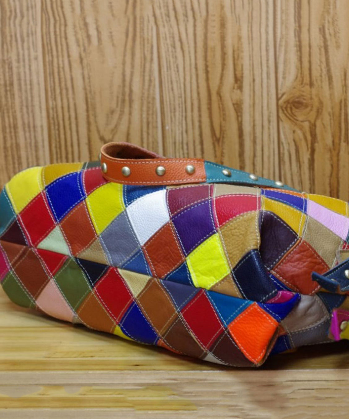 European And American Fashion Contrasting Plaid Patchwork Rivet Handbag HJ1013 Ada Fashion