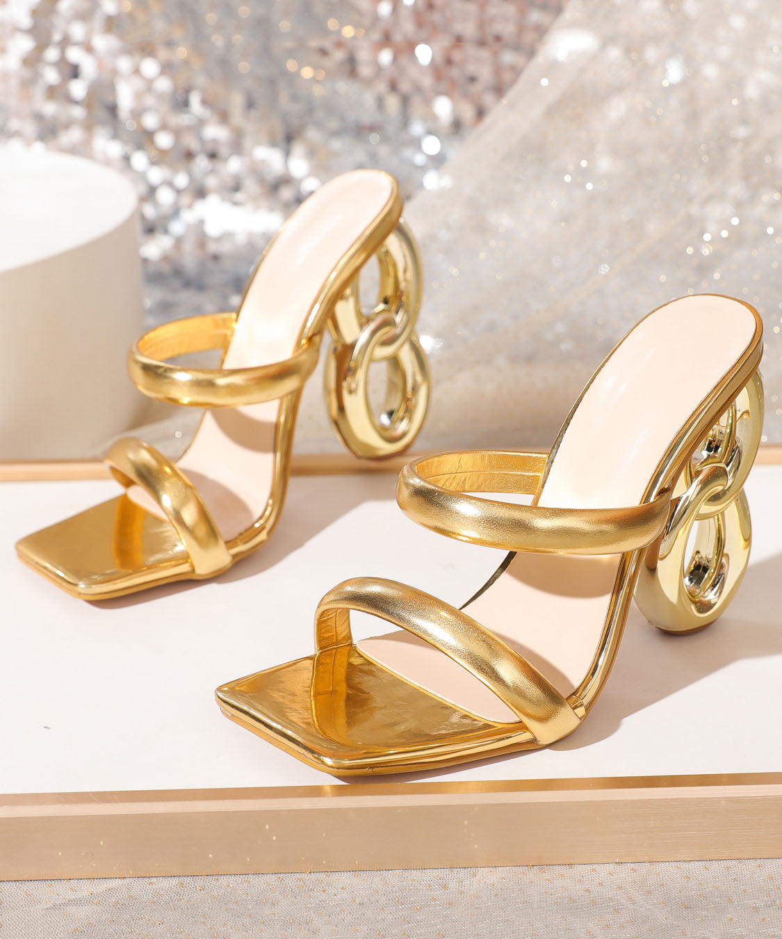 European And American Gold Special Shaped Heel Fashionable Slide Sandals JJ042 Shoe-LT240609