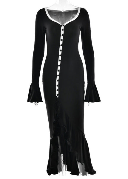 And American Black Ruffled Side Dress European Cotton Open Style FashionChic