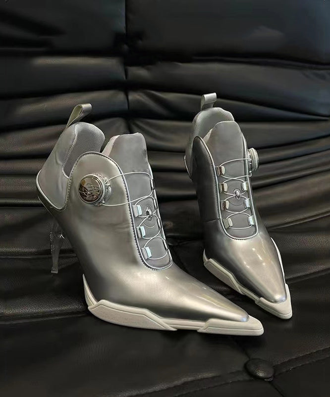 European And American Style Silver Splicing High Heel Boots Pointed Toe OI046 shoe-XZ240801