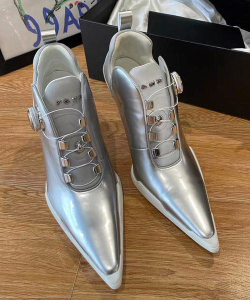 European And American Style Silver Splicing High Heel Boots Pointed Toe OI046 shoe-XZ240801