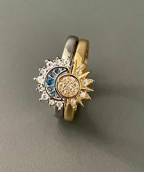 Zircon And Rings Alloy Open Fashion Set Two-Piece Moon Sun FashionChic