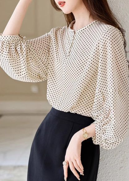 Fashion Apricot Dot Print Chiffon Top Long Sleeve WW003 OL-LTP240812