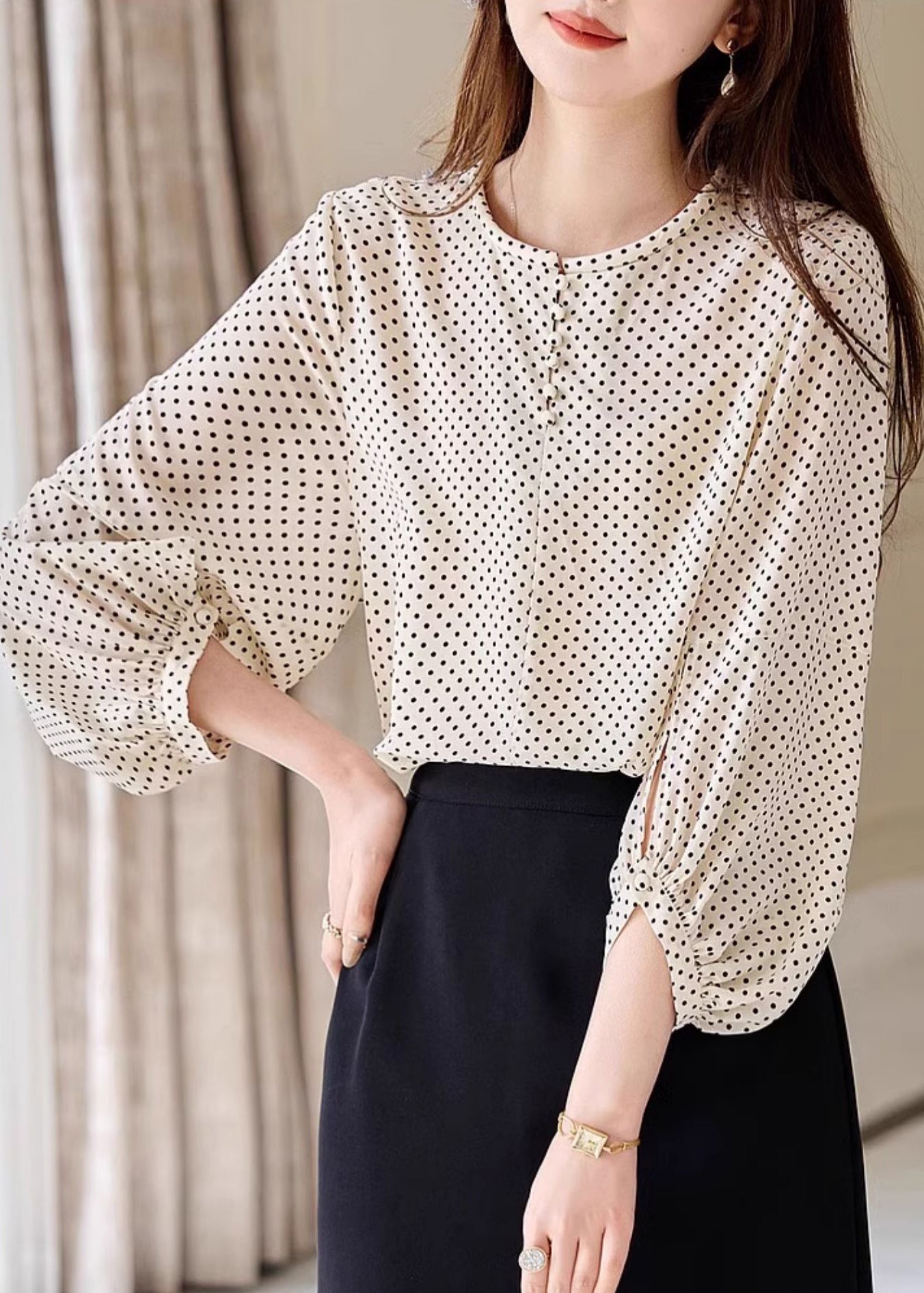 Fashion Apricot Dot Print Chiffon Top Long Sleeve WW003 OL-LTP240812