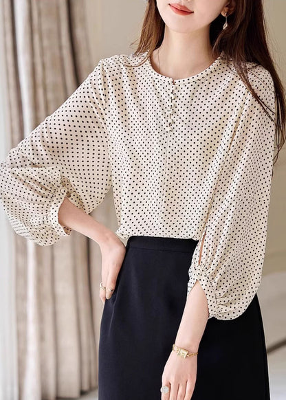 Fashion Apricot Dot Print Chiffon Top Long Sleeve WW003 OL-LTP240812